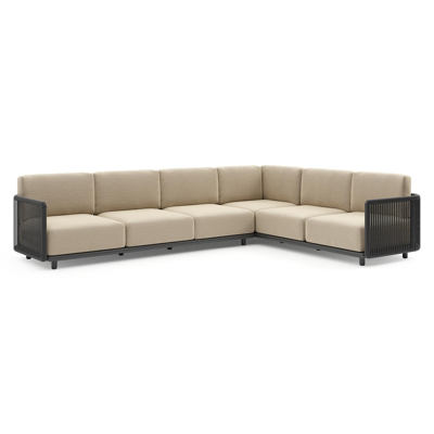 Organo loungehoek in zwart aluminium en zwart verticaal geweven luxe vlakke rope met althea camel all weather Cosytica kussen