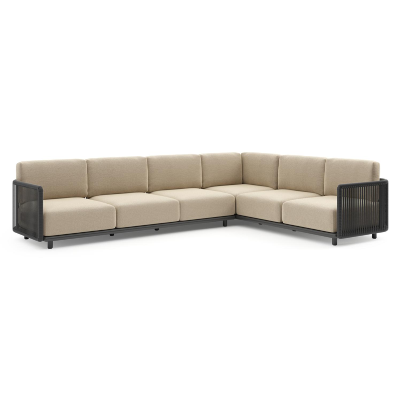 Organo loungehoek in zwart aluminium en zwart verticaal geweven luxe vlakke rope met althea camel all weather Cosytica kussen