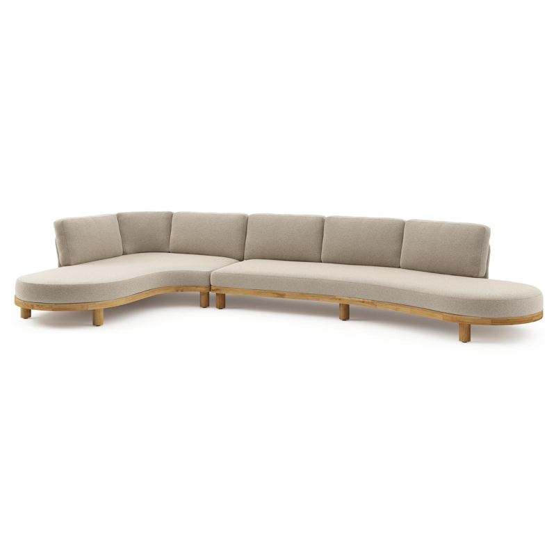 Donato loungehoek in teak en beige verticaal geweven ronde rope met all weather cosytica Marbella Beige kussen