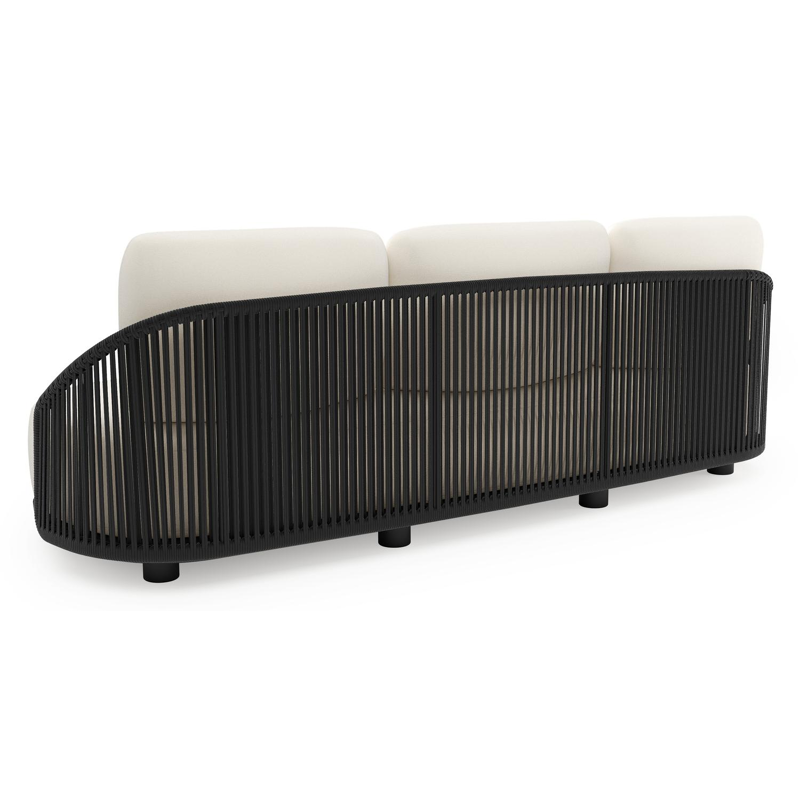 Canapé de jardin Vadelo en aluminium noir et corde ronde tissée verticalement noir et coussins en all weather sunbrella® luxe natte white