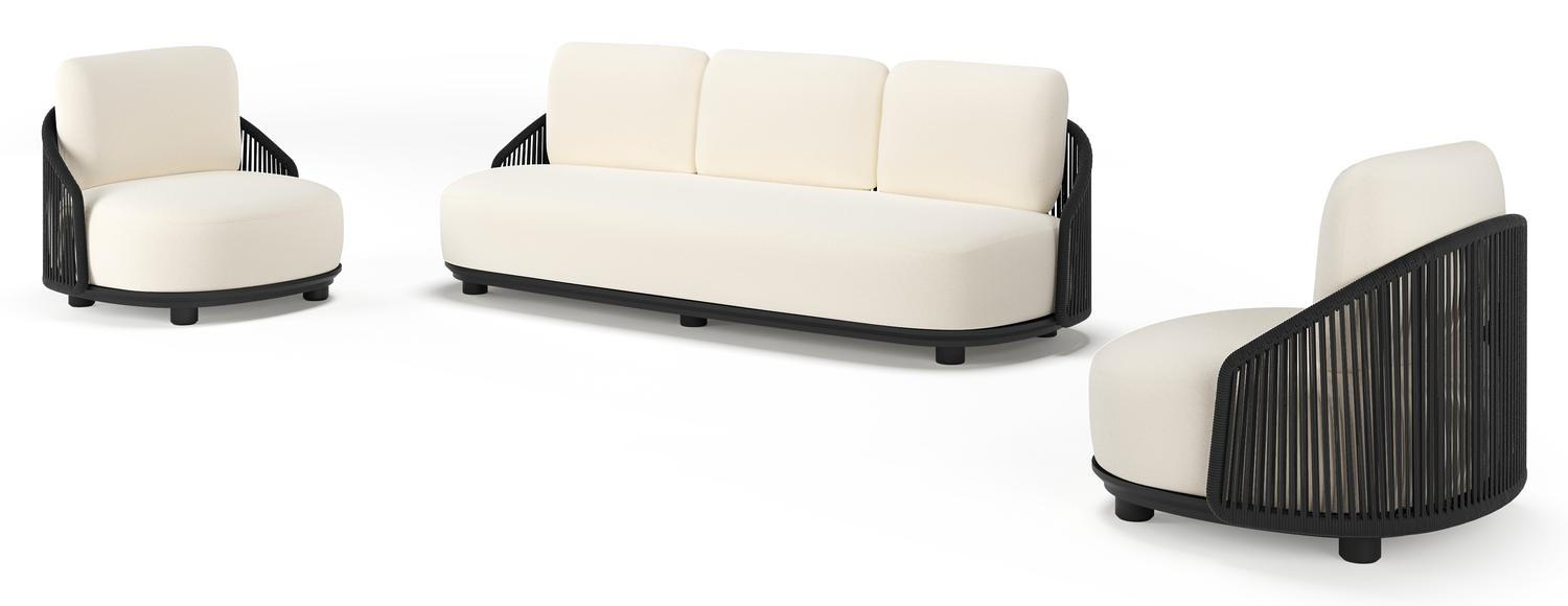 Vadelo loungeset in zwart aluminium en zwart verticaal geweven ronde rope met natte white all weather sunbrella® luxe kussen