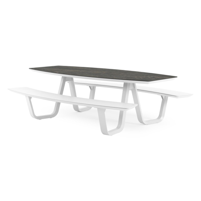 Table de pique-nique Forno forme de bateau forme de bateau en aluminium blanc et céramique pleine Black Obsession - Lg. 240 x Lrg. 181 x Haut. 72 cm