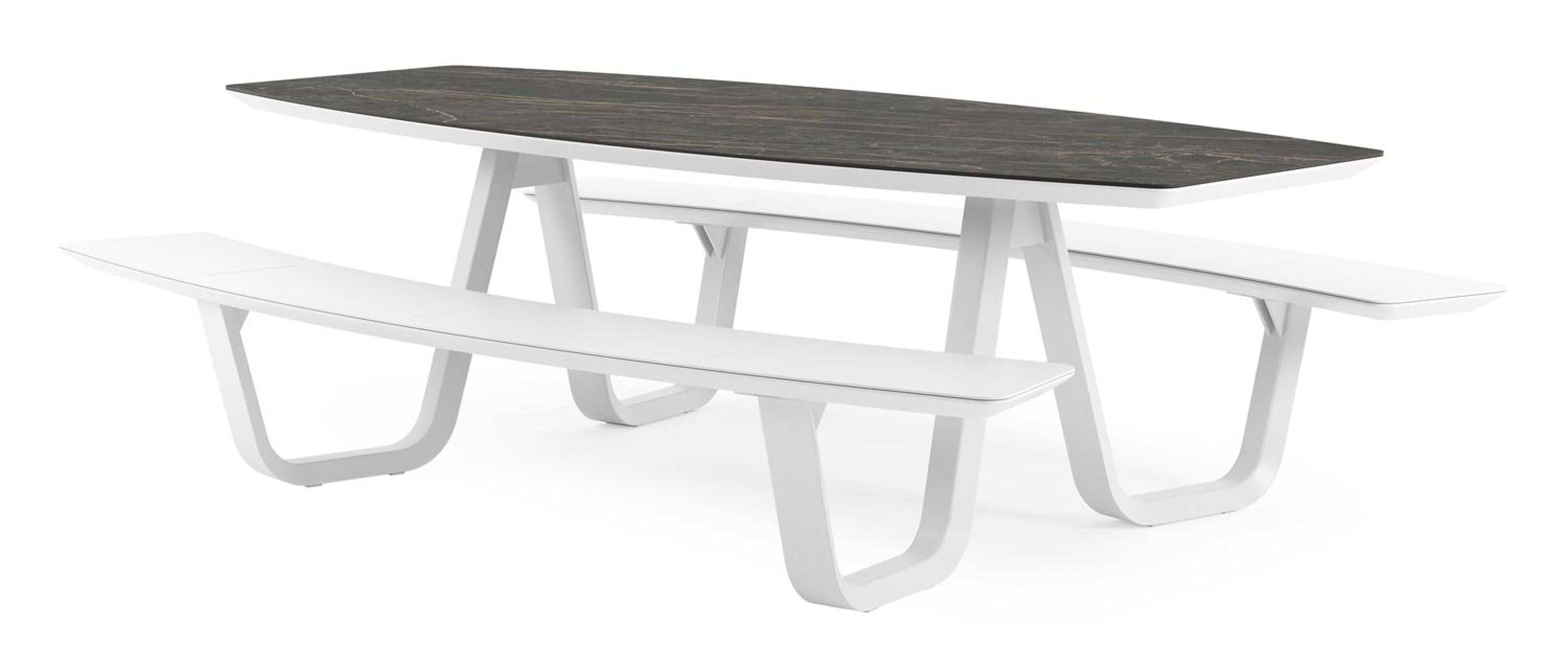 Table de pique-nique Forno forme de bateau forme de bateau en aluminium blanc et céramique pleine Black Obsession - Lg. 240 x Lrg. 181 x Haut. 72 cm