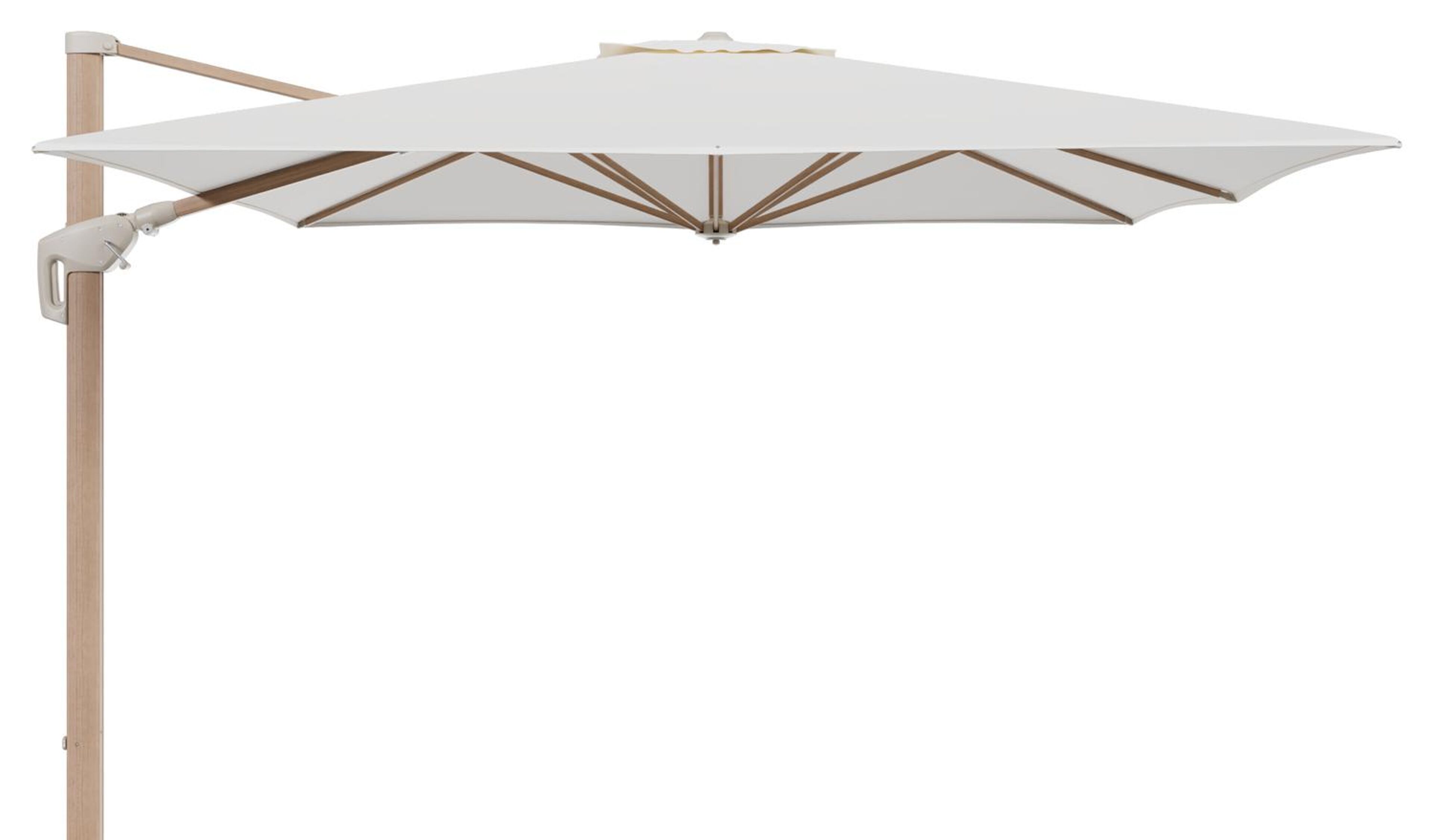 Parasol pendant Minore avec fonction tilt en aluminium aspect de bois et toile de parasol All Weather Sunbrella® Luxe Natte White - Lg.1: 350 x Lg.2: 350 cm (sans pied de parasol