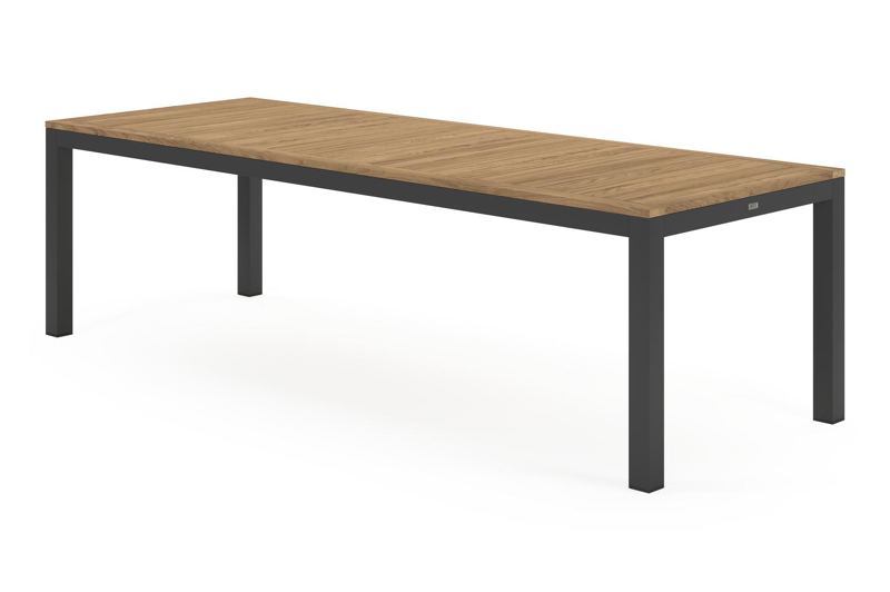 Varese tuinset in zwart aluminium en naturel teak tafelblad met 8 stapelbare Calobra tuinstoelen