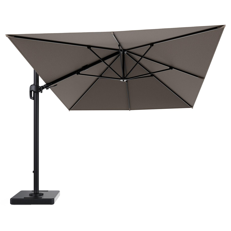 Rufina zweefparasol tiltfunctie in zwart aluminium en parasoldoek in All Weather Solica Firenze Earth - L1 400 x L2 300 cm met parasolvoet Lapido 160 kg