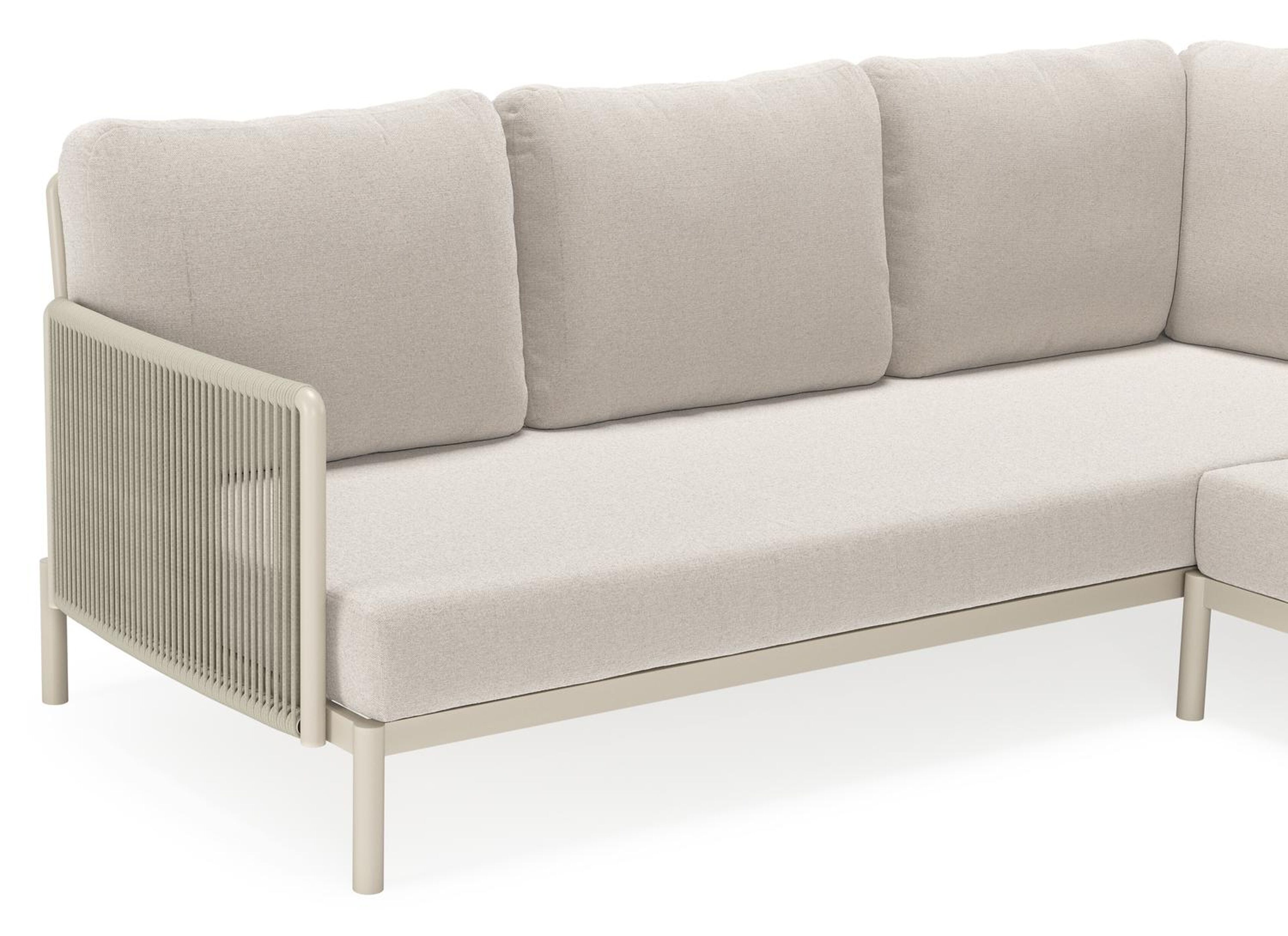 Amarante loungehoek in beige aluminium en beige verticaal geweven ronde rope met beige Weather+ Softtouch kussen