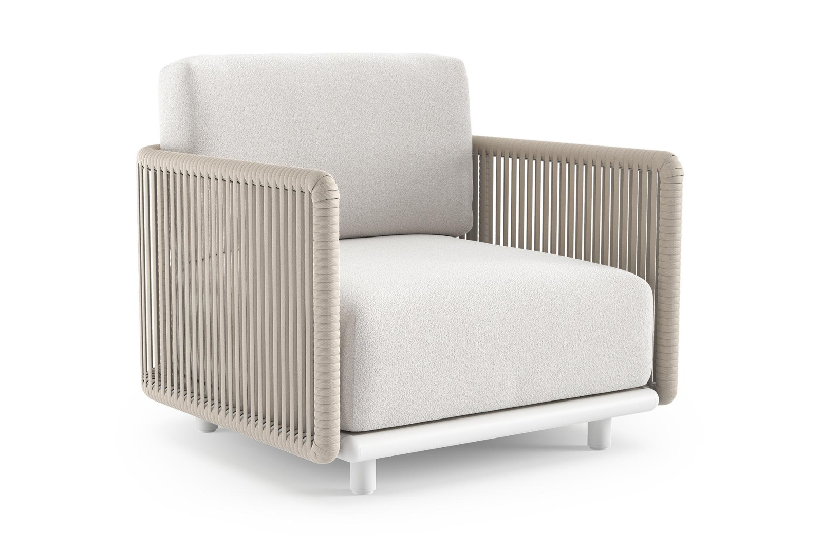 Fauteuil de jardin Organo en aluminium blanc et corde luxe plate tissée verticalement beige et coussin en all weather Solica soul optik