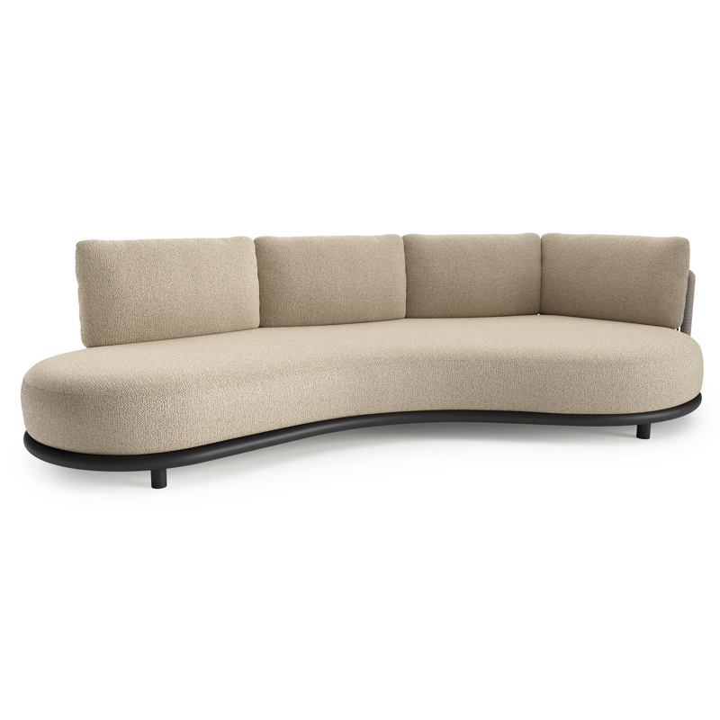 Lomano loungebank in zwart aluminium en beige verticaal geweven luxe vlakke rope met bora forest all weather cosytica kussen