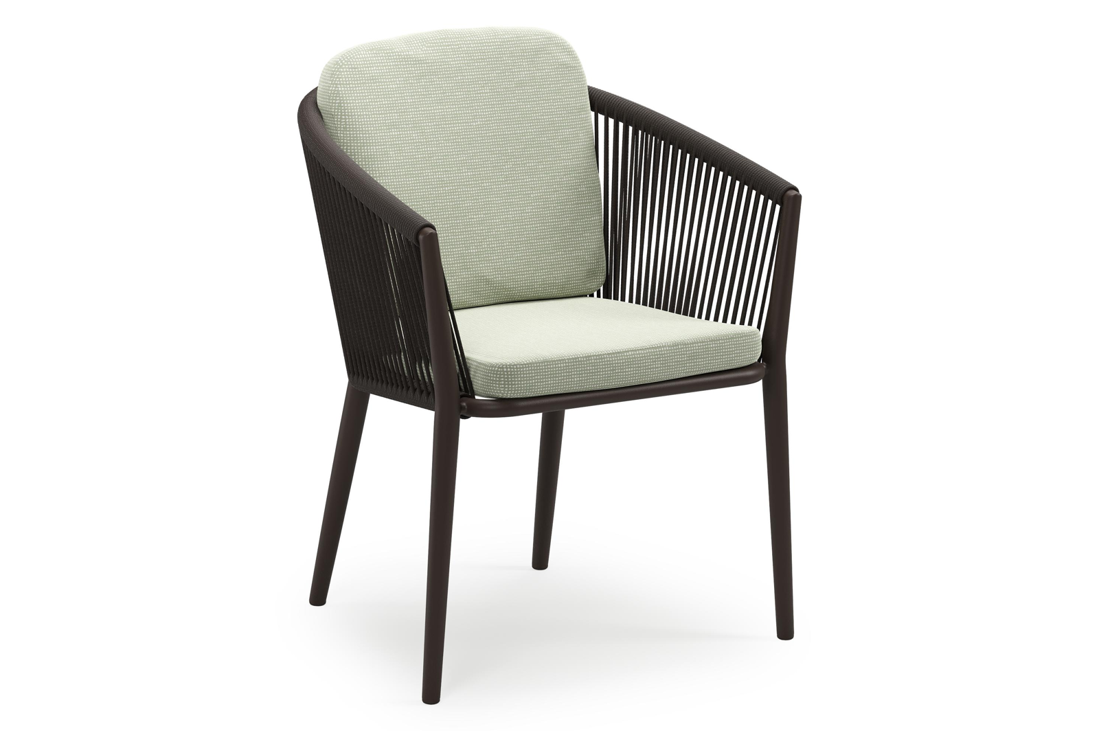 Orso stapelbare tuinstoel in donkerbruin aluminium en donkerbruin verticaal geweven ronde rope met stoelkussen in All Weather Sunbrella® Luxe Slow Spirea