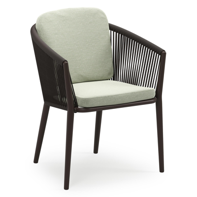 Orso stapelbare tuinstoel in donkerbruin aluminium en donkerbruin verticaal geweven ronde rope met stoelkussen in All Weather Sunbrella® Luxe Slow Spirea