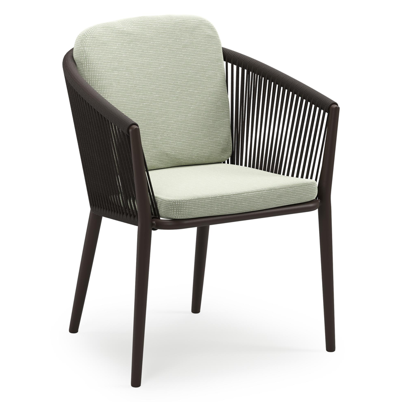 Orso stapelbare tuinstoel in donkerbruin aluminium en donkerbruin verticaal geweven ronde rope met stoelkussen in All Weather Sunbrella® Luxe Slow Spirea