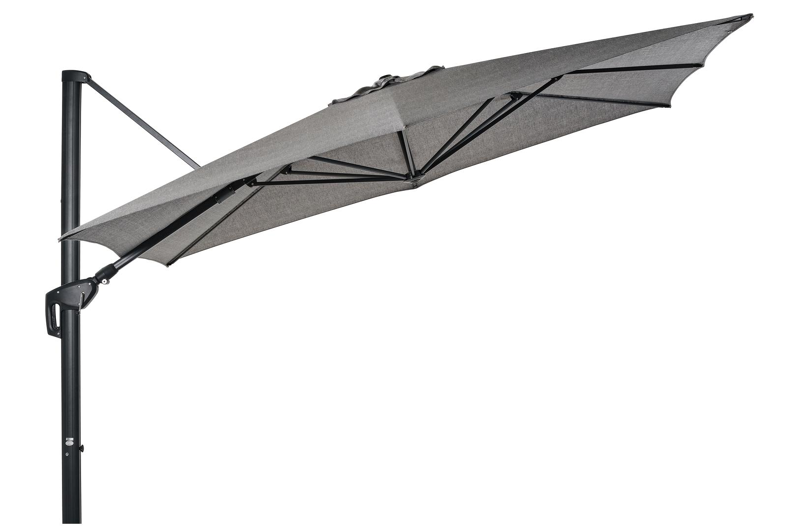 Parasol pendant Minore avec fonction tilt en aluminium noir avec toile de parasol en all weather sunbrella® luxe chartres drizzle - Larg1 370 x Larg2 280 cm (sans pied de parasol)