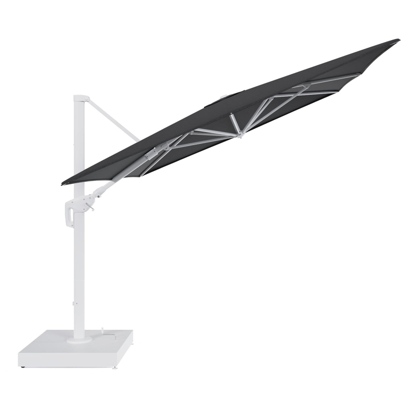 Parasol pendant Minore avec fonction tilt en aluminium blanc et toile de parasol All Weather Sunbrella® Luxe Chartres Sooty - Lg.1 400 x Lg.2 300 cm avec pied de parasol Minore 260 kg avec roulettes