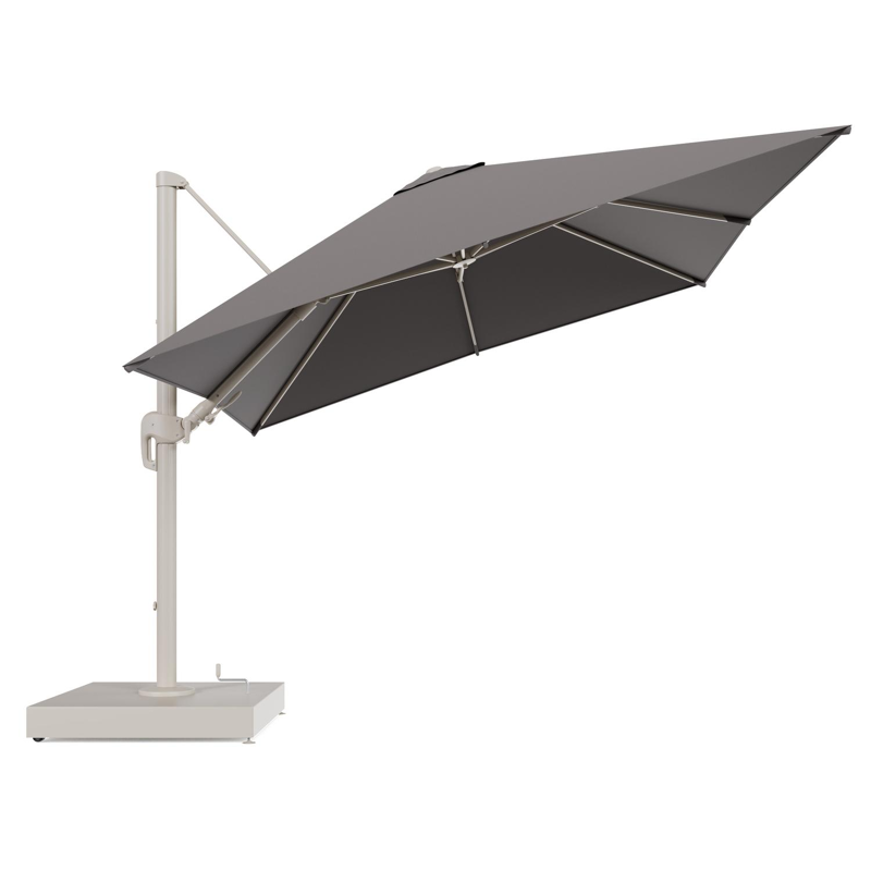 Rufina zweefparasol met tiltfunctie in beige aluminium en Natte Nature Grey All Weather Sunbrella® Luxe parasoldoek - L1 300 x L2 300 cm met parasolvoet Minore 260 kg met wielen
