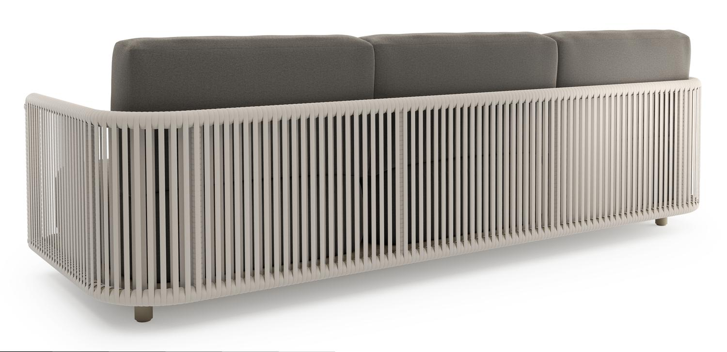 Canapé de jardin Organo en aluminium beige et corde luxe plate tissée verticalement beige et coussin en all weather Sunbrella® luxe natte dark taupe