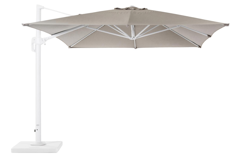 Rufina zweefparasol met tiltfunctie in wit aluminium met natte nature grey all weather sunbrella® luxe parasoldoek - L1: 300 x L2: 400 cm (met voet)