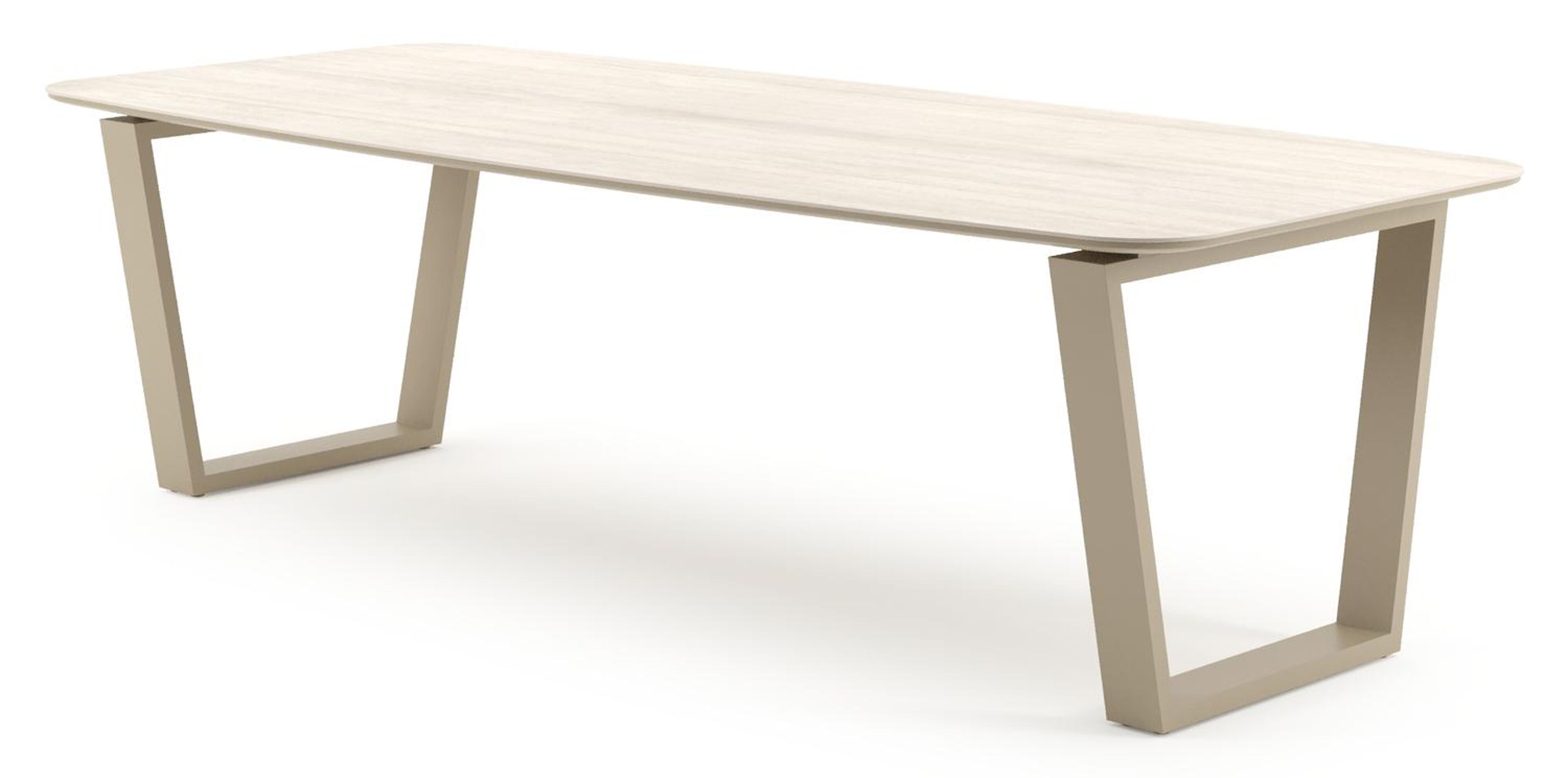 Table de jardin Pagino forme de bateau en aluminium beige et céramique pleine Travertino Bianco - Lg. 255 x Lrg. 115 x Haut. 73 cm
