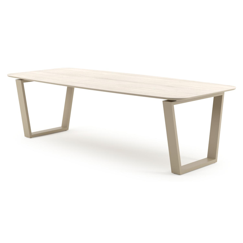 Pagino tuintafel bootvorm in beige aluminium en volkeramiek Travertino Bianco - L 255 x B 115 x H 73 cm