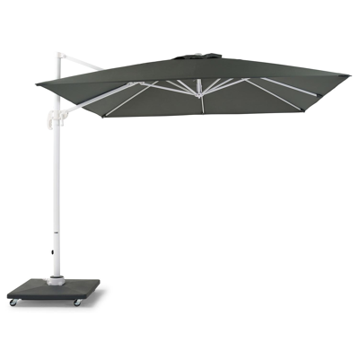 Calpe zweefparasol met tiltfunctie in wit aluminium met grijs polyester parasoldoek - L1 270 x L2 270 cm (met voet)