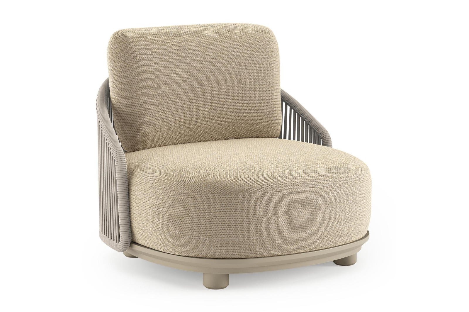 Fauteuil de jardin Vadelo en aluminium beige et corde ronde tissée verticalement beige et coussins en all weather cosytica althea camel