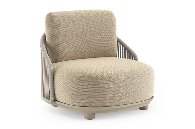 Vadelo loungestoel in beige aluminium en beige verticaal geweven ronde rope met althea camel all weather cosytica kussen