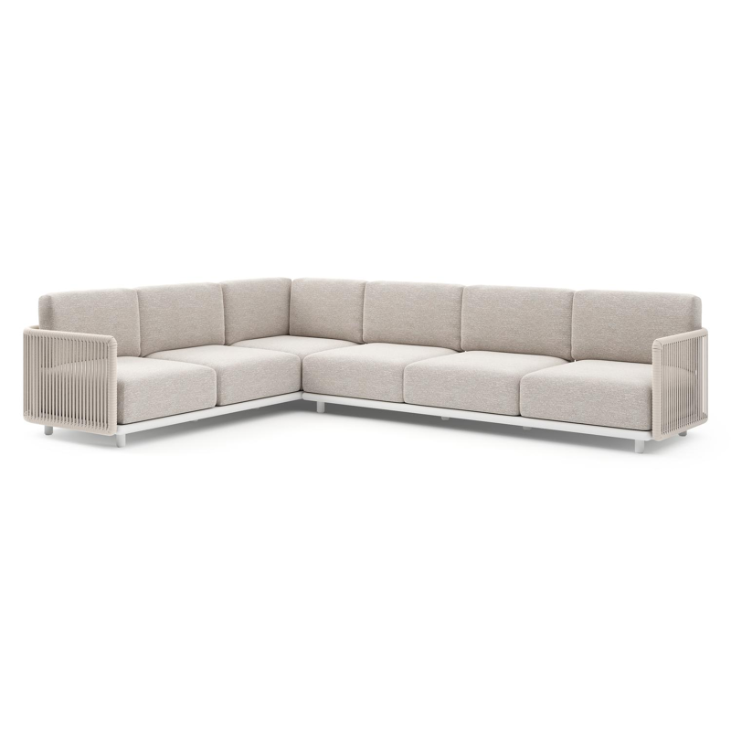 Organo loungehoek in wit aluminium en beige verticaal geweven luxe vlakke rope met tundra sand all weather Sunbrella® luxe kussen