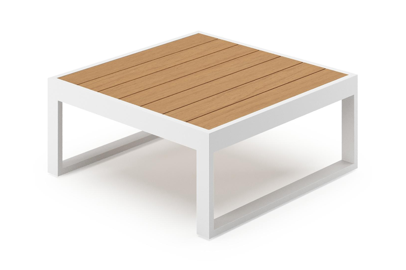 Table basse Caldela en blanc aluminium et polywood - Lg. 70 x Lrg. 70 x Haut. 30.5 cm