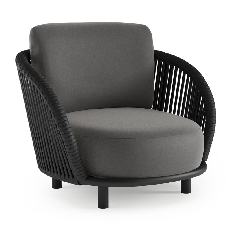 Lupino loungestoel in zwart aluminium en zwart verticaal geweven luxe vlakke brede rope met natte charcoal chine all weather sunbrella® luxe kussen