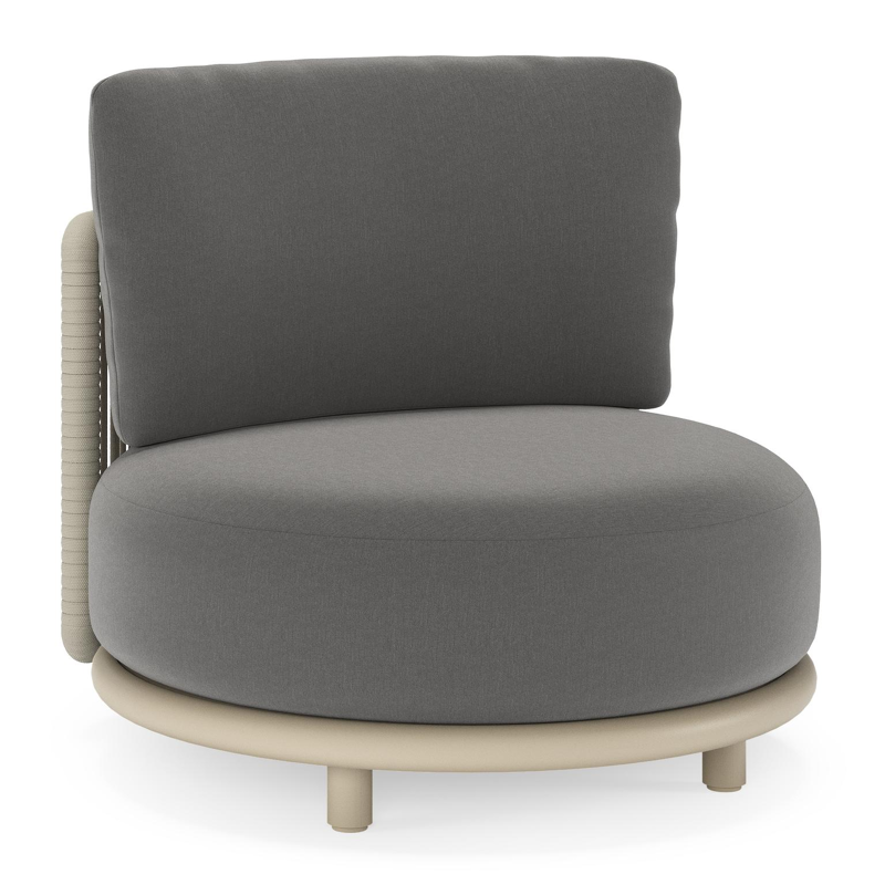 Lomano loungestoel in beige aluminium en beige verticaal geweven luxe vlakke rope met Natte Charcoal Chine all weather sunbrella® luxe