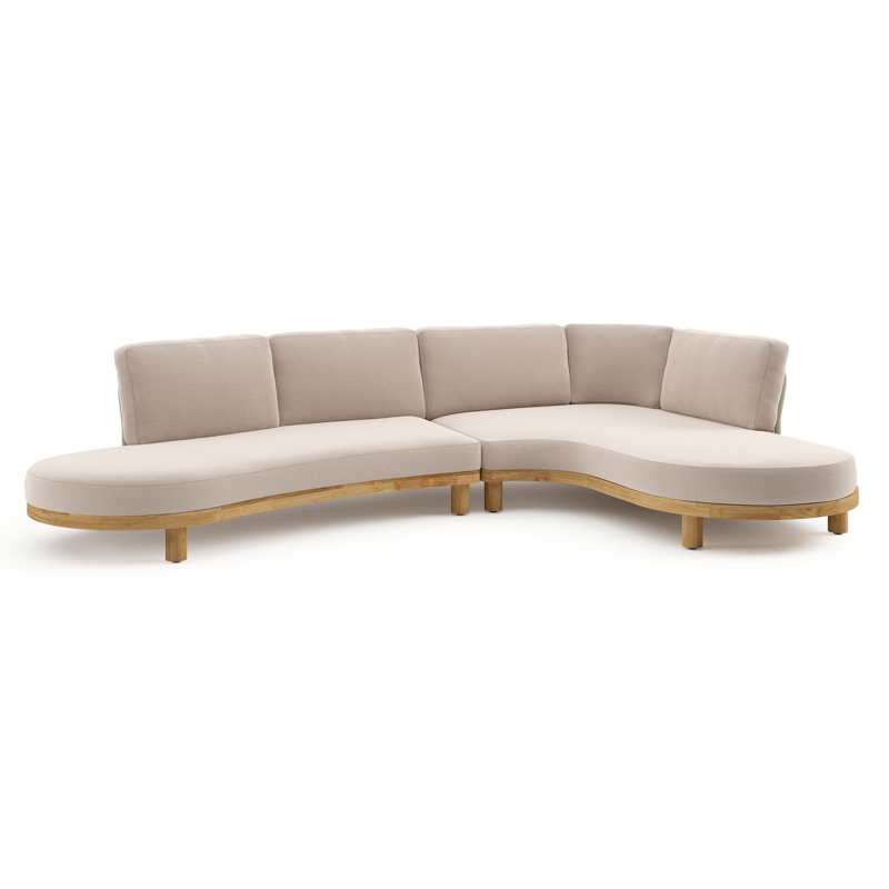 Salon de jardin d'angle Donato en teck et corde ronde tissée verticalement beige et coussins en all weather sunbrella® luxe Wander Pilat