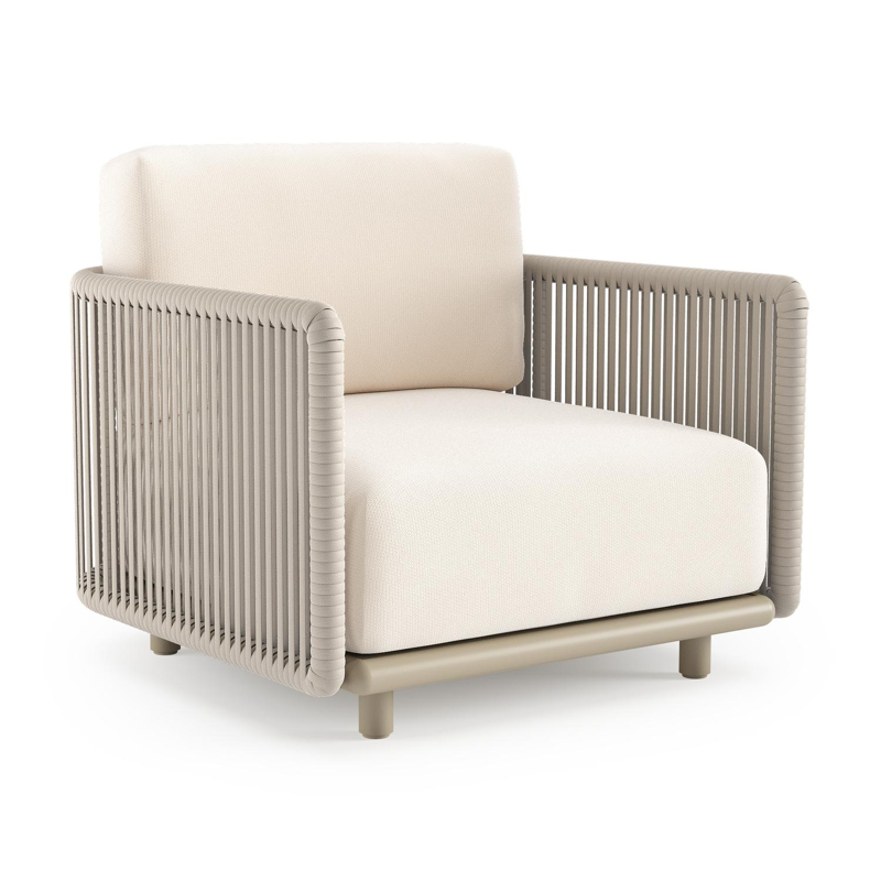 Organo loungestoel in beige aluminium en beige verticaal geweven luxe vlakke rope met lopi snow all weather Sunbrella® luxe kussen