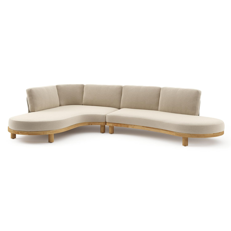 Donato loungehoek in teak en beige verticaal geweven ronde rope met all weather cosytica Althea Chalk kussen