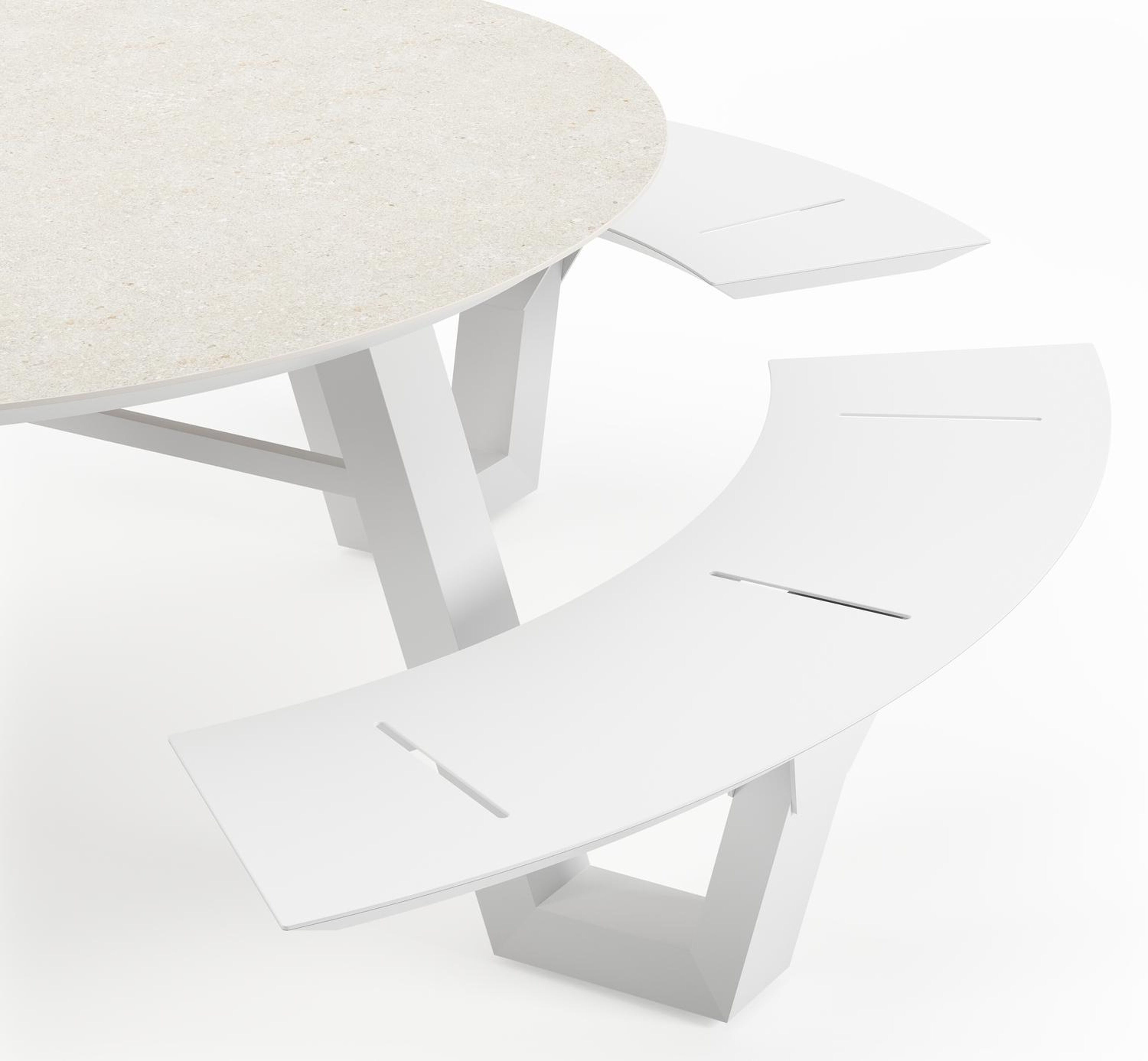 Rondino picknicktafel in wit aluminium en volkeramiek shilin tafelblad - Ø 236 x H 71,5 cm