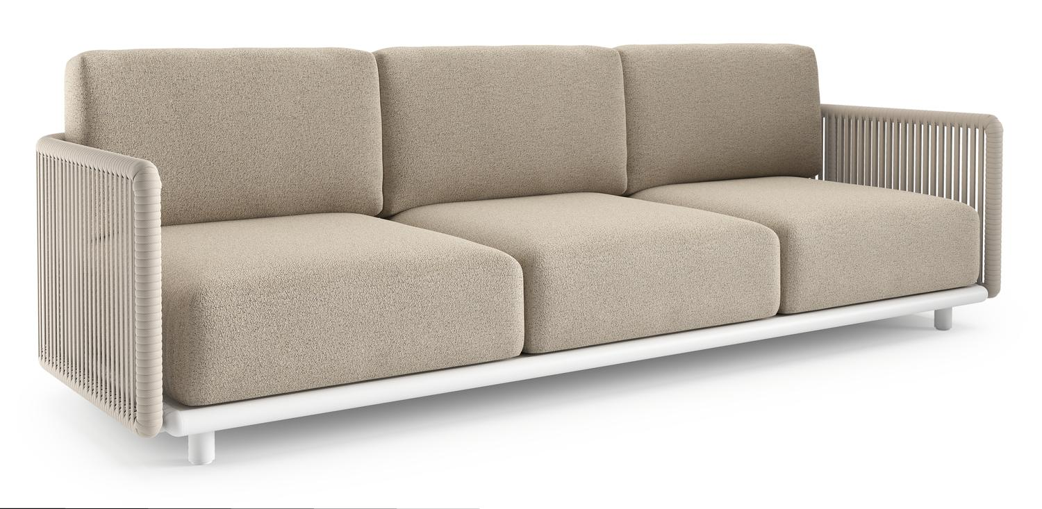 Canapé de jardin Organo en aluminium blanc et corde luxe plate tissée verticalement beige et coussin en all weather Cosytica marbella beige