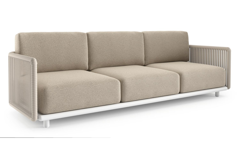 Organo loungebank in wit aluminium en beige verticaal geweven luxe vlakke rope met marbella beige all weather Cosytica kussen