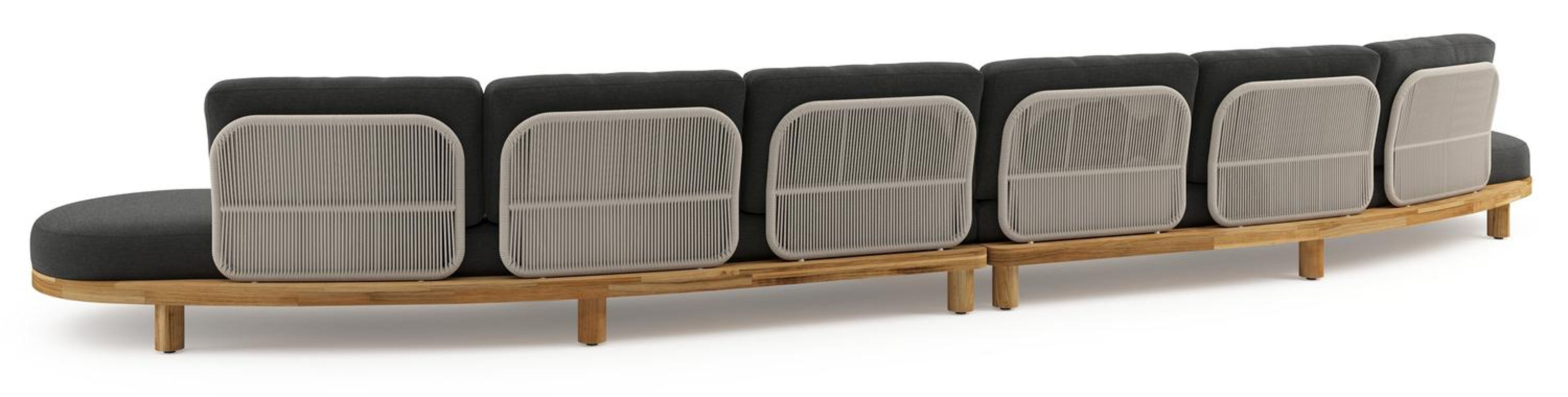 Donato loungebank in teak en beige verticaal geweven ronde rope met all weather sunbrella® luxe Chartres Sooty kussen