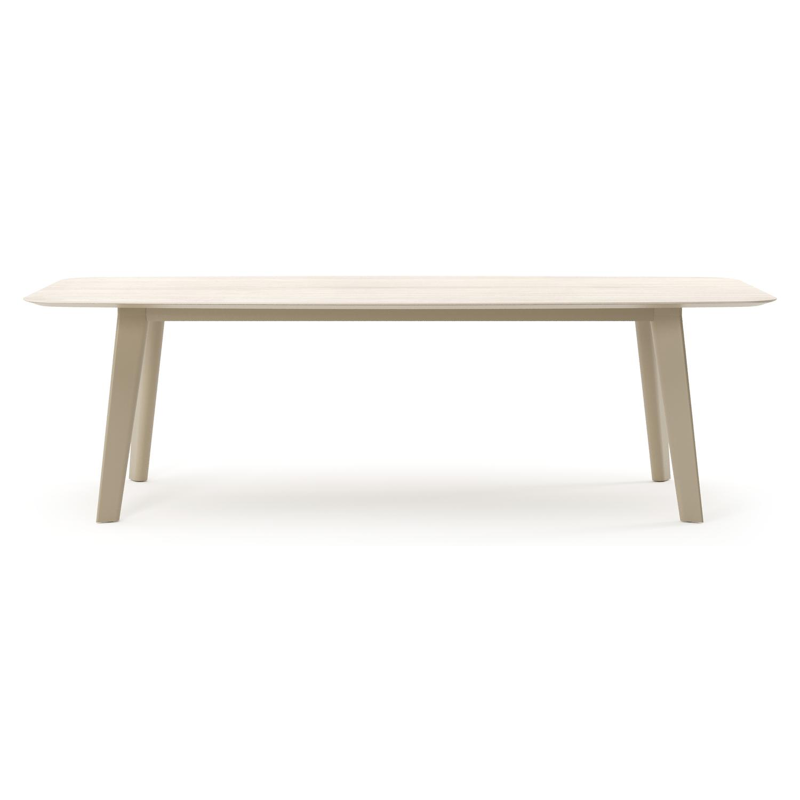 Table de jardin Lacrima forme de bateau en aluminium beige et céramique pleine Travertino Bianco - Lg. 255 x Lrg. 115 x Haut. 74 cm