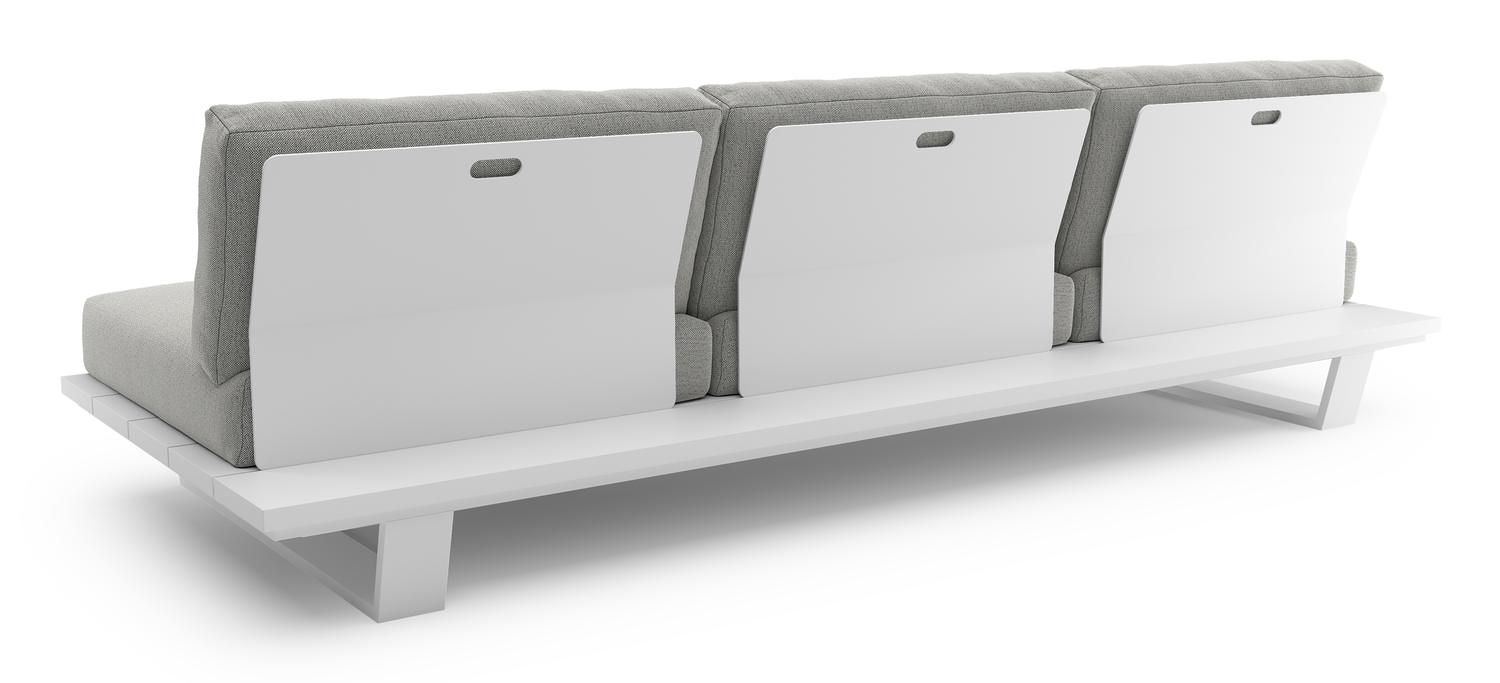 Canapé de jardin Pagino en aluminium blanc avec coussins en all weather sunbrella® luxe savane nimbus