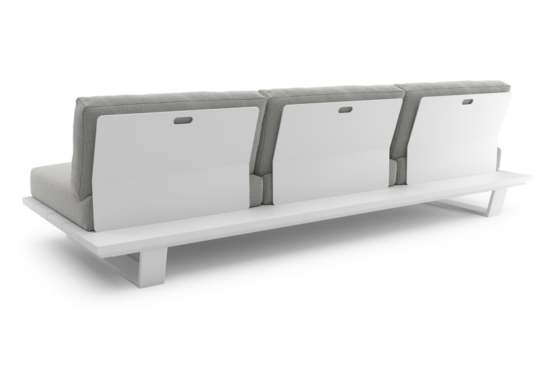 Canapé de jardin Pagino en aluminium blanc avec coussins en all weather sunbrella® luxe savane nimbus