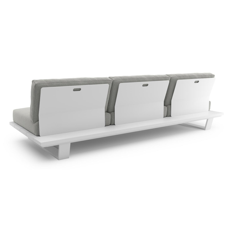 Canapé de jardin Pagino en aluminium blanc avec coussins en all weather sunbrella® luxe savane nimbus