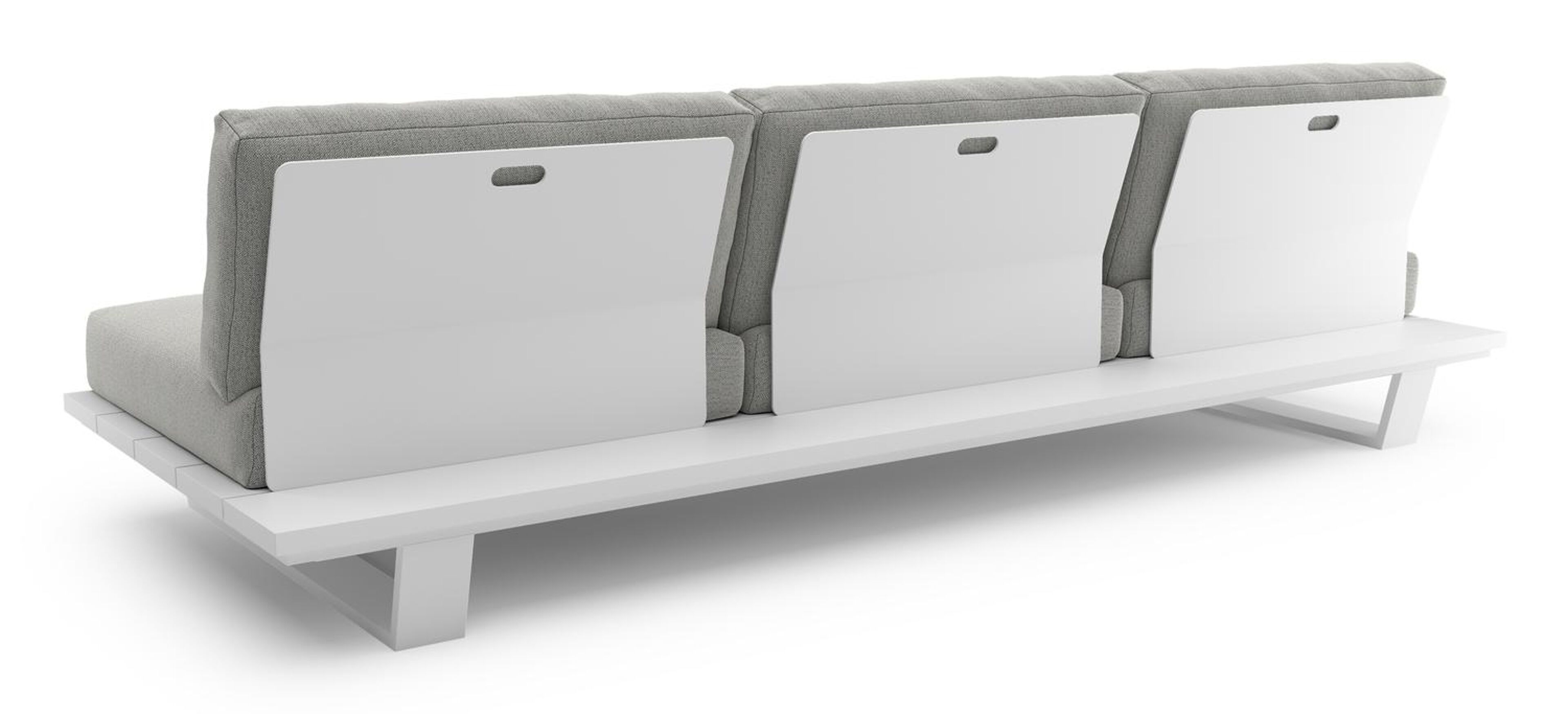 Canapé de jardin Pagino en aluminium blanc avec coussins en all weather sunbrella® luxe savane nimbus