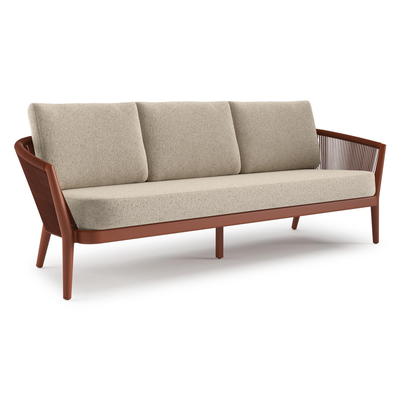 Orso loungebank in roestbruin aluminium en roestbruin verticaal geweven ronde rope met Bora Desert all weather cosytica kussen