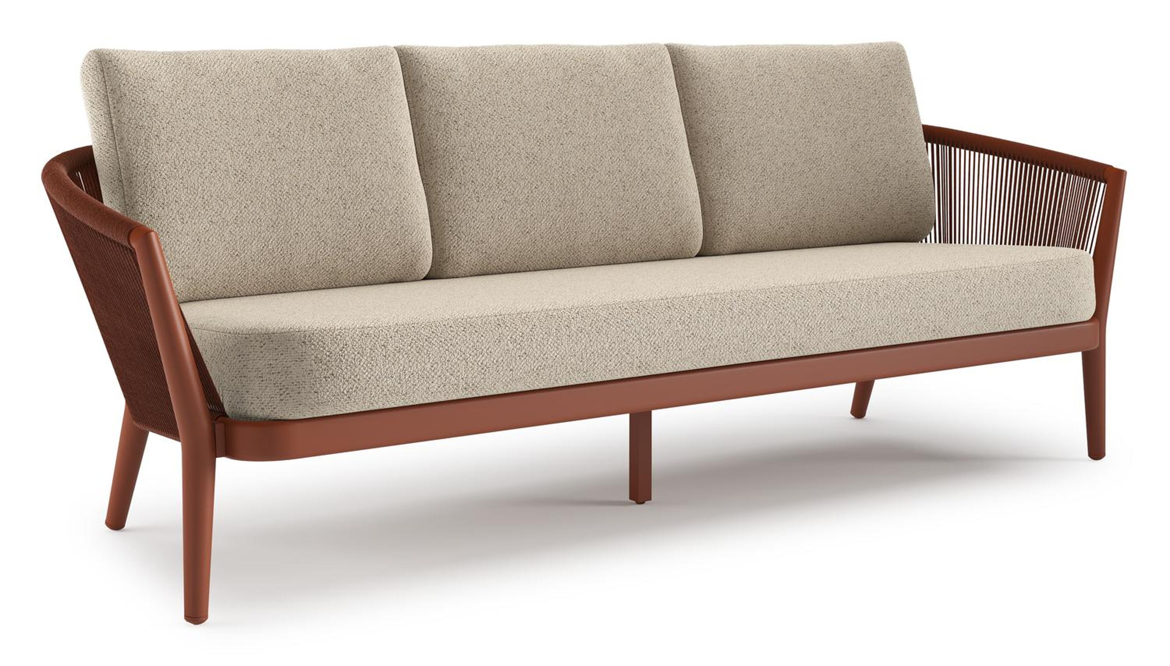 Orso loungebank in roestbruin aluminium en roestbruin verticaal geweven ronde rope met Bora Desert all weather cosytica kussen