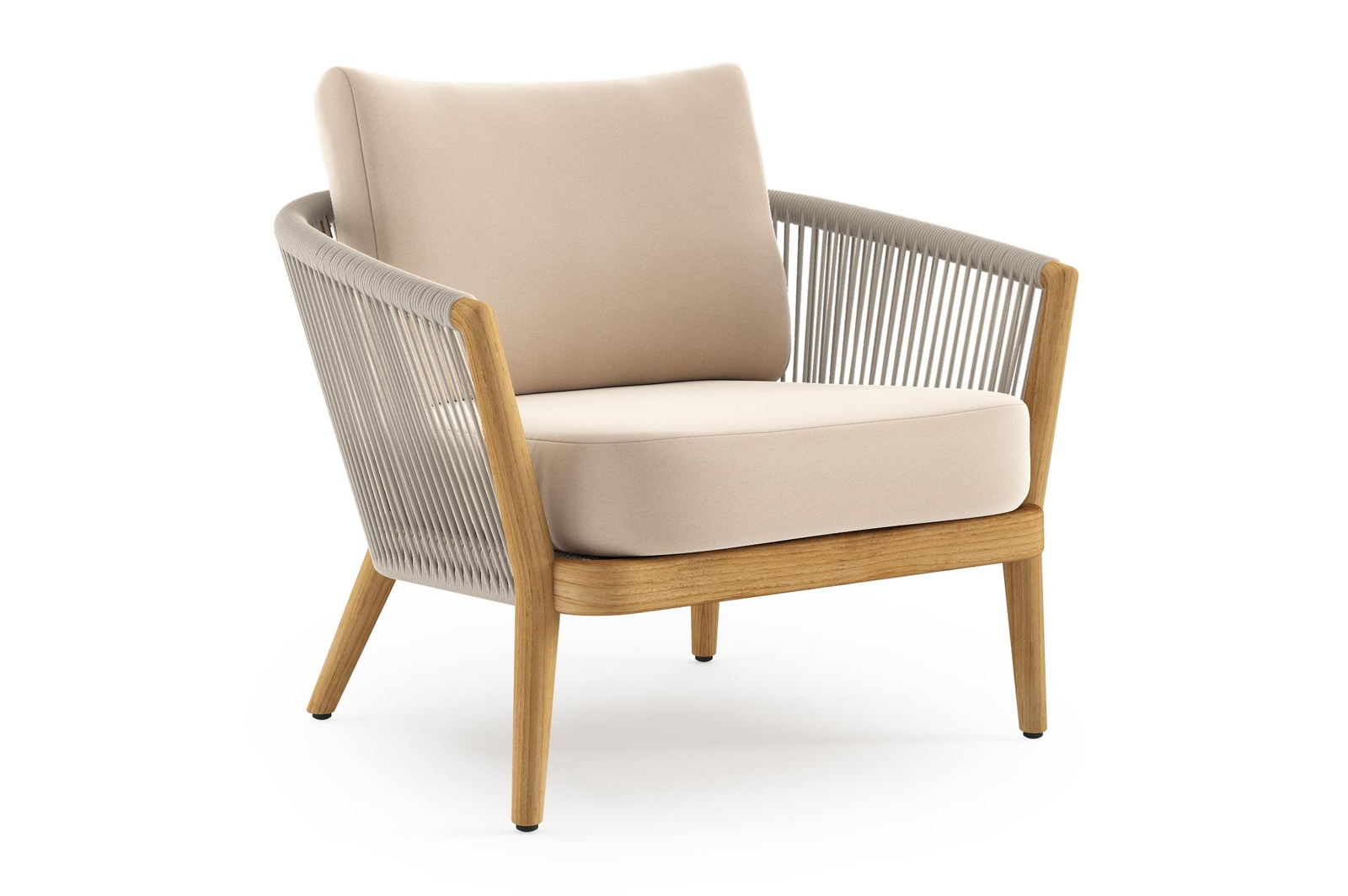 Orso loungestoel in teak en beige verticaal geweven ronde rope met Natte Linen Chalk all weather sunbrella® luxe kussen