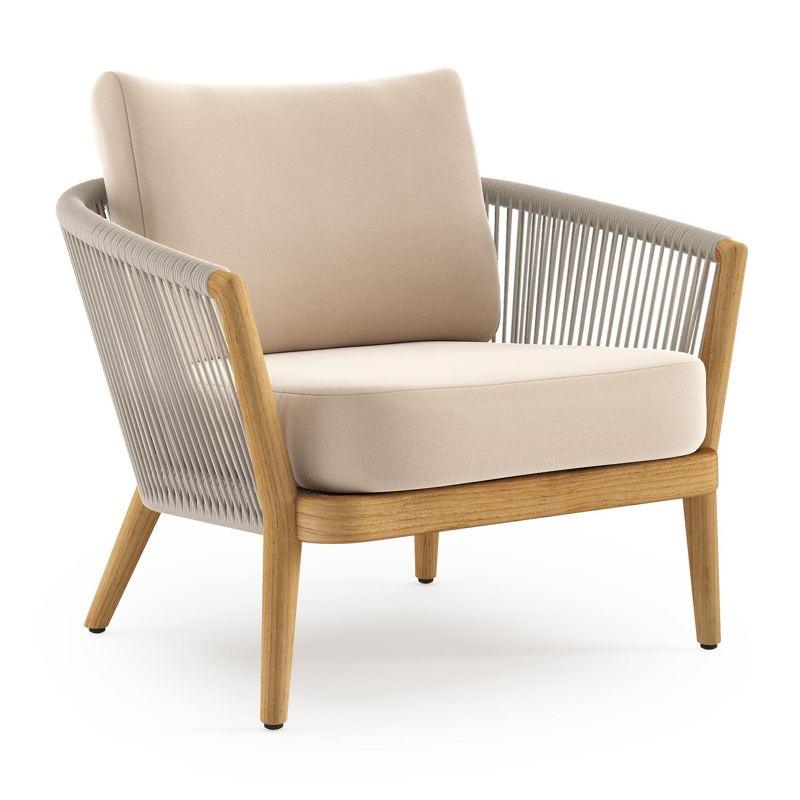 Orso loungestoel in teak en beige verticaal geweven ronde rope met Natte Linen Chalk all weather sunbrella® luxe kussen