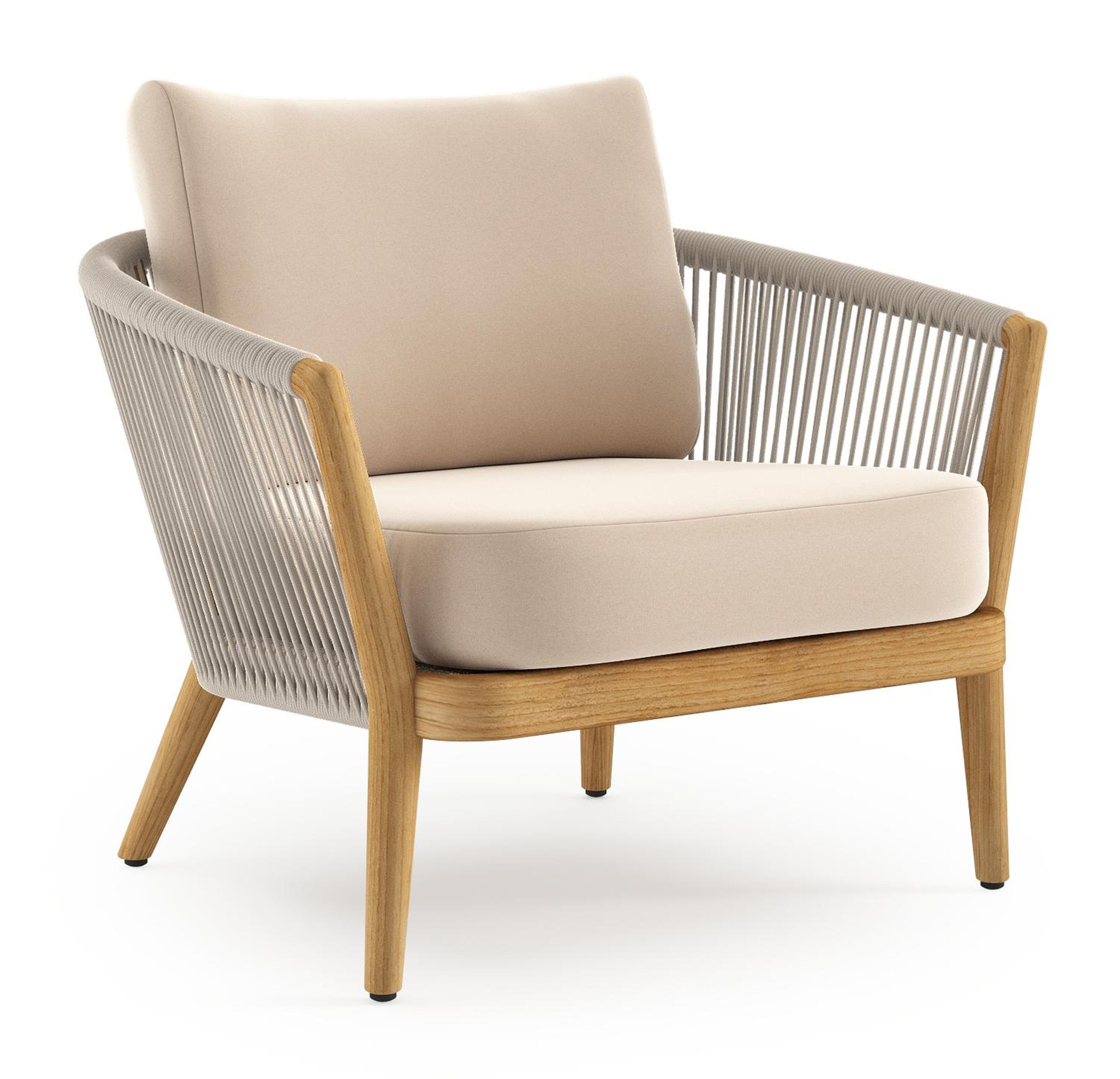 Orso loungestoel in teak en beige verticaal geweven ronde rope met Natte Linen Chalk all weather sunbrella® luxe kussen