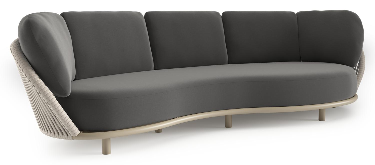 Lupino loungebank in beige aluminium en beige verticaal geweven luxe vlakke brede rope met natte charcoal chine all weather sunbrella® luxe kussen