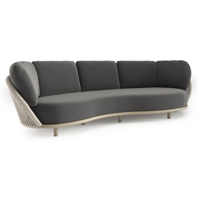 Lupino loungebank in beige aluminium en beige verticaal geweven luxe vlakke brede rope met natte charcoal chine all weather sunbrella® luxe kussen