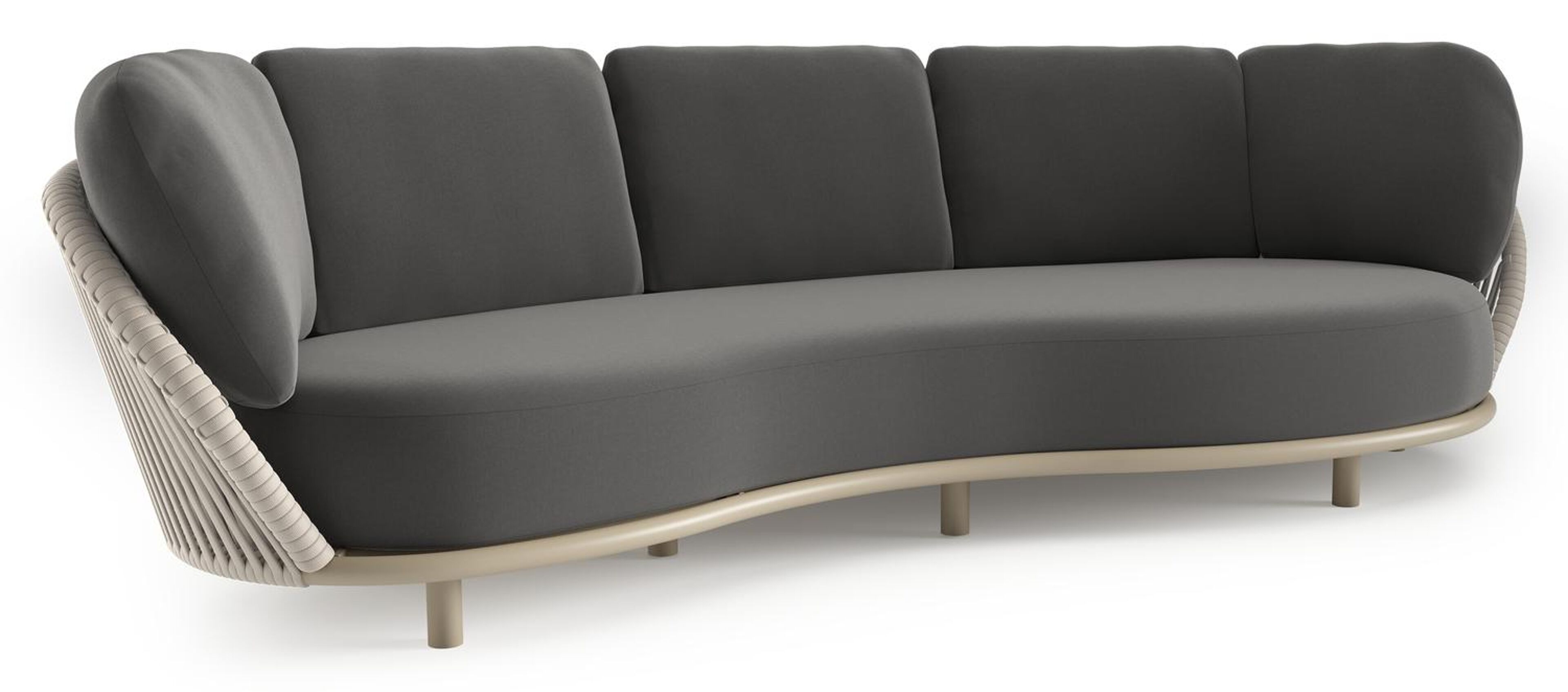 Canapé de jardin Lupino en aluminium beige et corde large plate de luxe tissée verticalement beige et coussins en all weather sunbrella® luxe natte charcoal chine